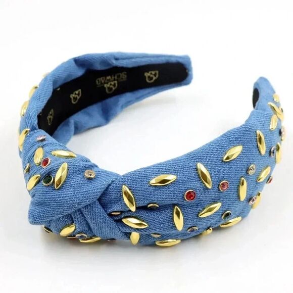 STUDDED DENIM SPARKLE KNOTTED HEADBAND - Picture 1 of 2